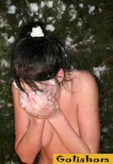Nudist girls frolic in winter
