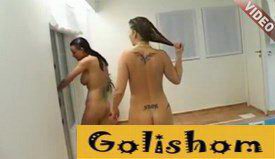 Slender nudists relax in the bath video