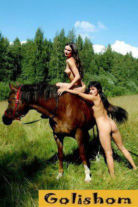 Naked beauties on horseback