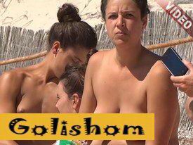 A group of nudists sunbathe on the beach-video