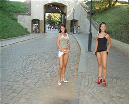 Three girls show pussy on the streets of the city